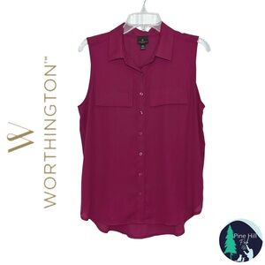 Worthington Sleeveless Blouse PM Relaxed Button-up Berry Pink Red Chiffon Sheer